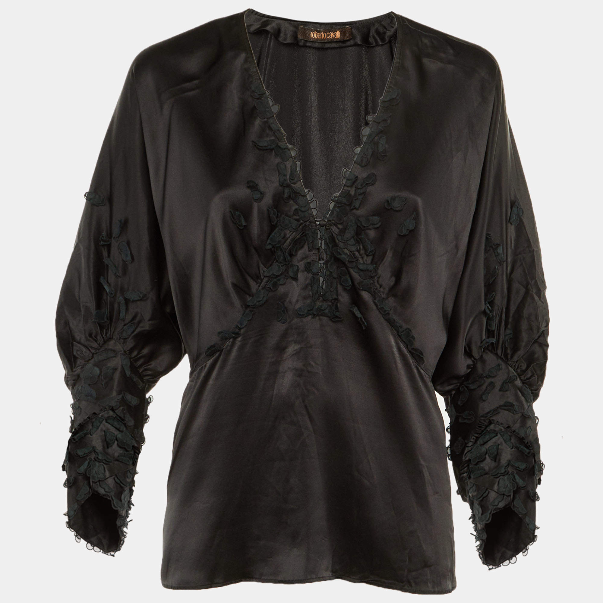 Pre Owned Roberto Cavalli Black Silk Floral Applique Detail Blouse M 