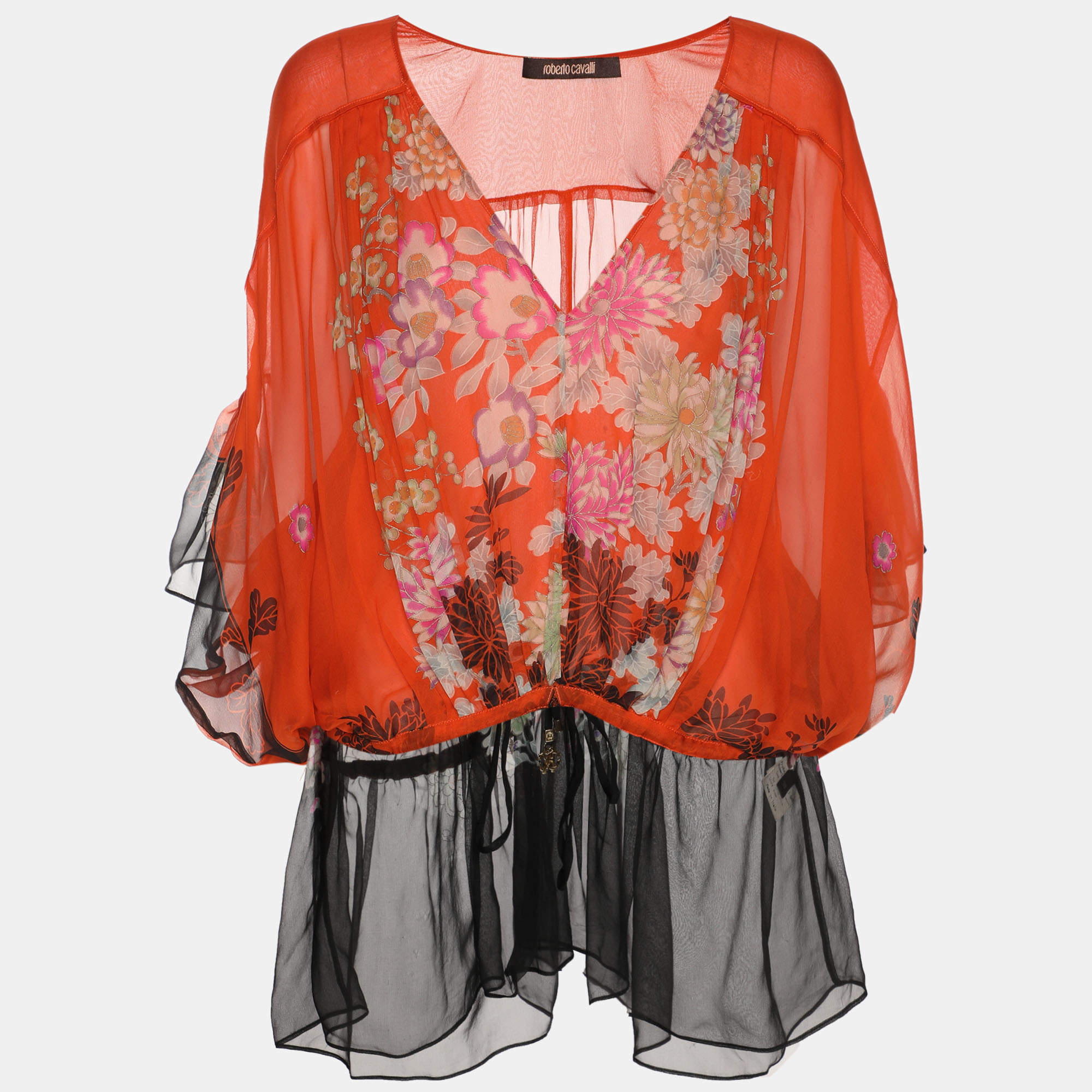 Pre Owned Roberto Cavalli Orange/Black Floral Print Chiffon Tops S