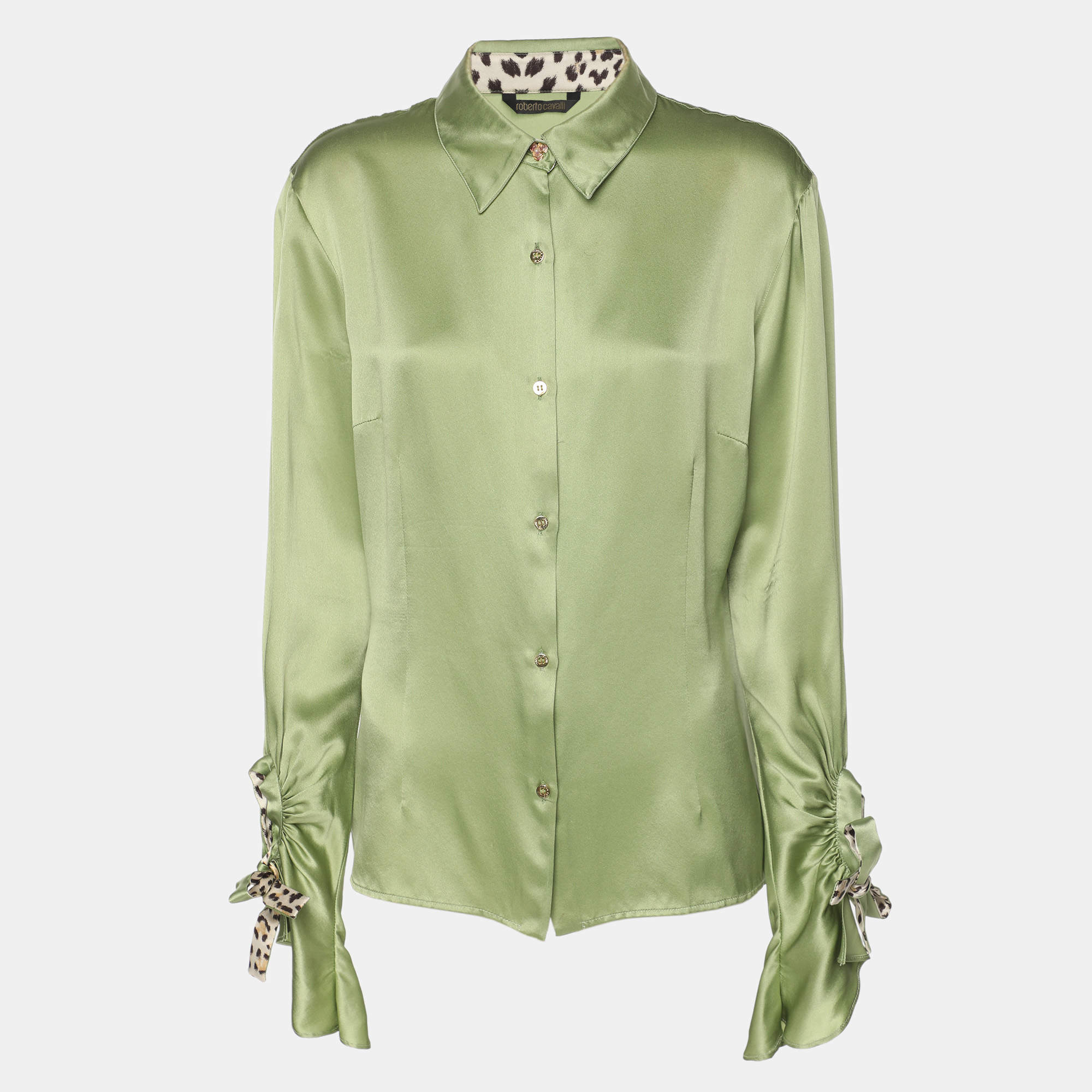 Pre Owned Roberto Cavalli Green Satin Long Sleeve Tops L