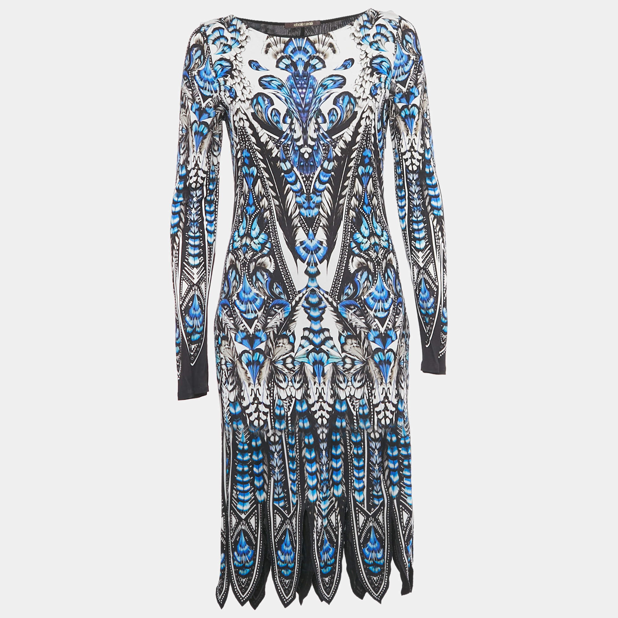 Pre Owned Roberto Cavalli Blue Printed Jersey Long Sleeve Dress M