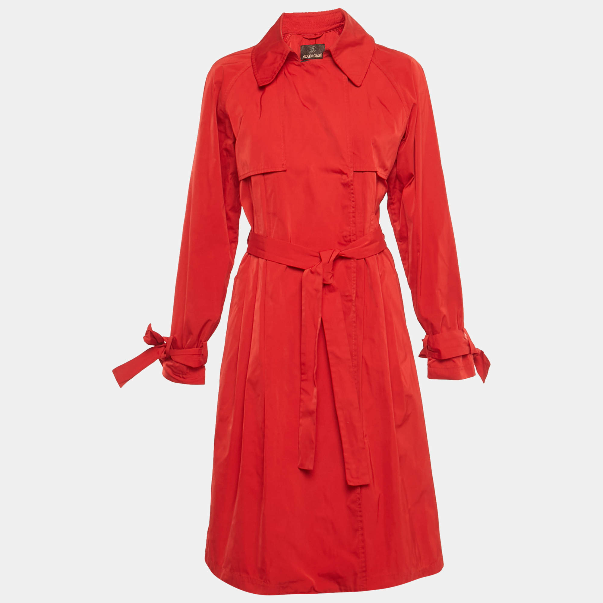 Pre Owned Roberto Cavalli Red Taffeta Belted Trench Coat M