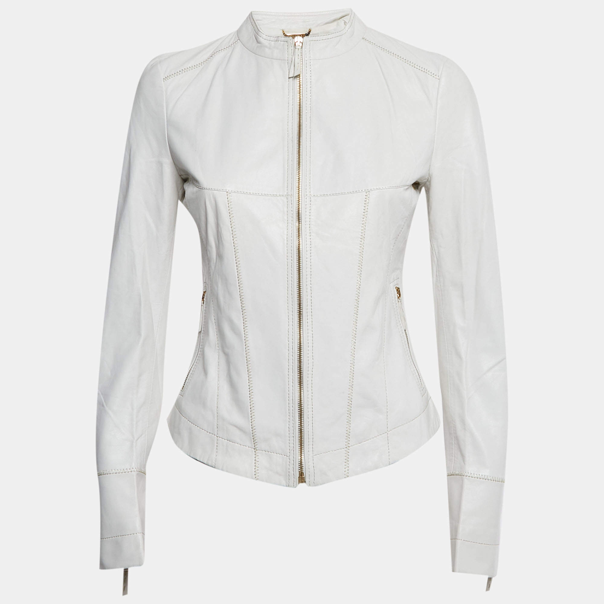 مملوكة مسبقًا Roberto Cavalli White Leather Zip-Up Jacket S