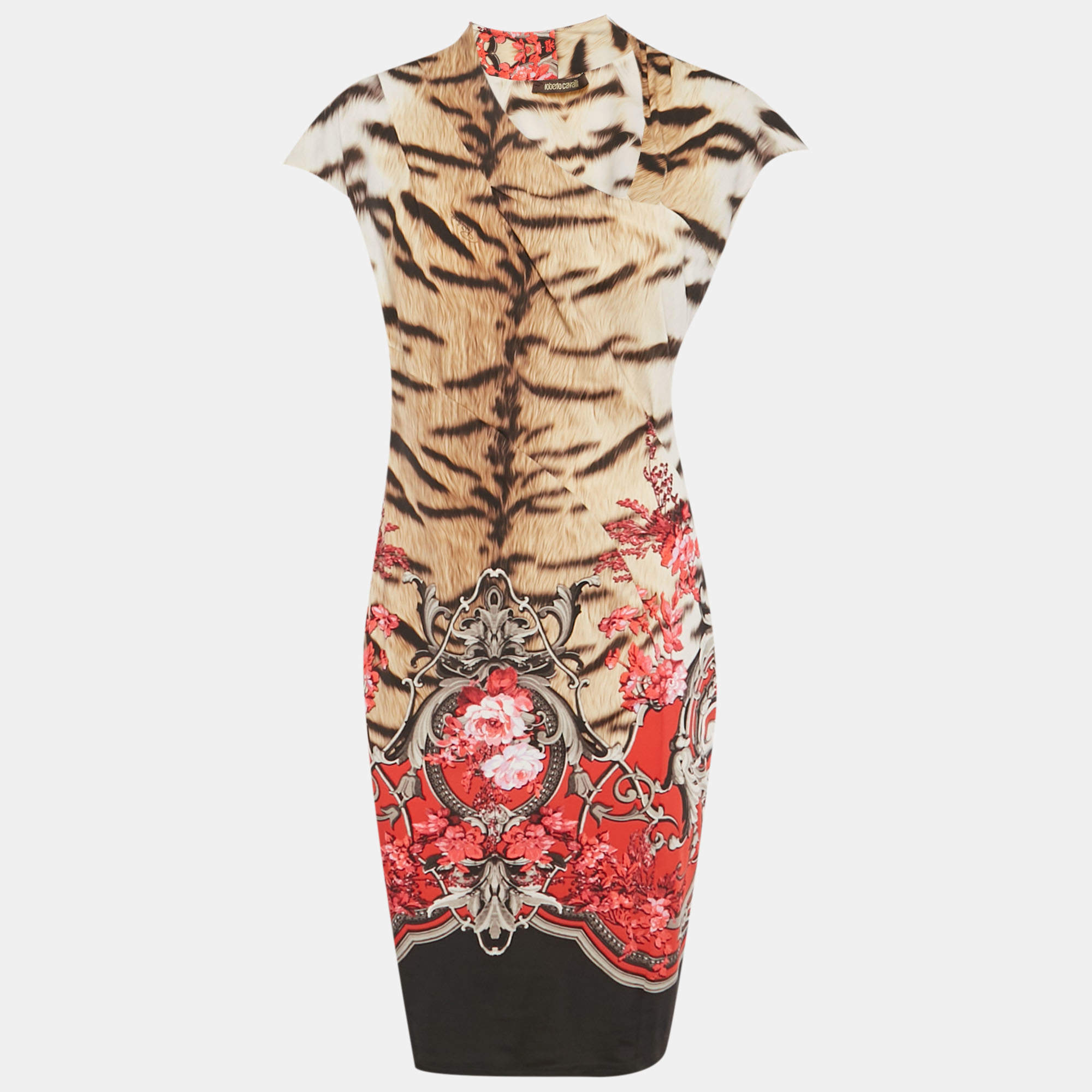 Pre Owned فستان ميدي مطبوع جيرسيه متعدّد الألوان مكشكش روبيرتو كافالي مقاس كبير (لارج)