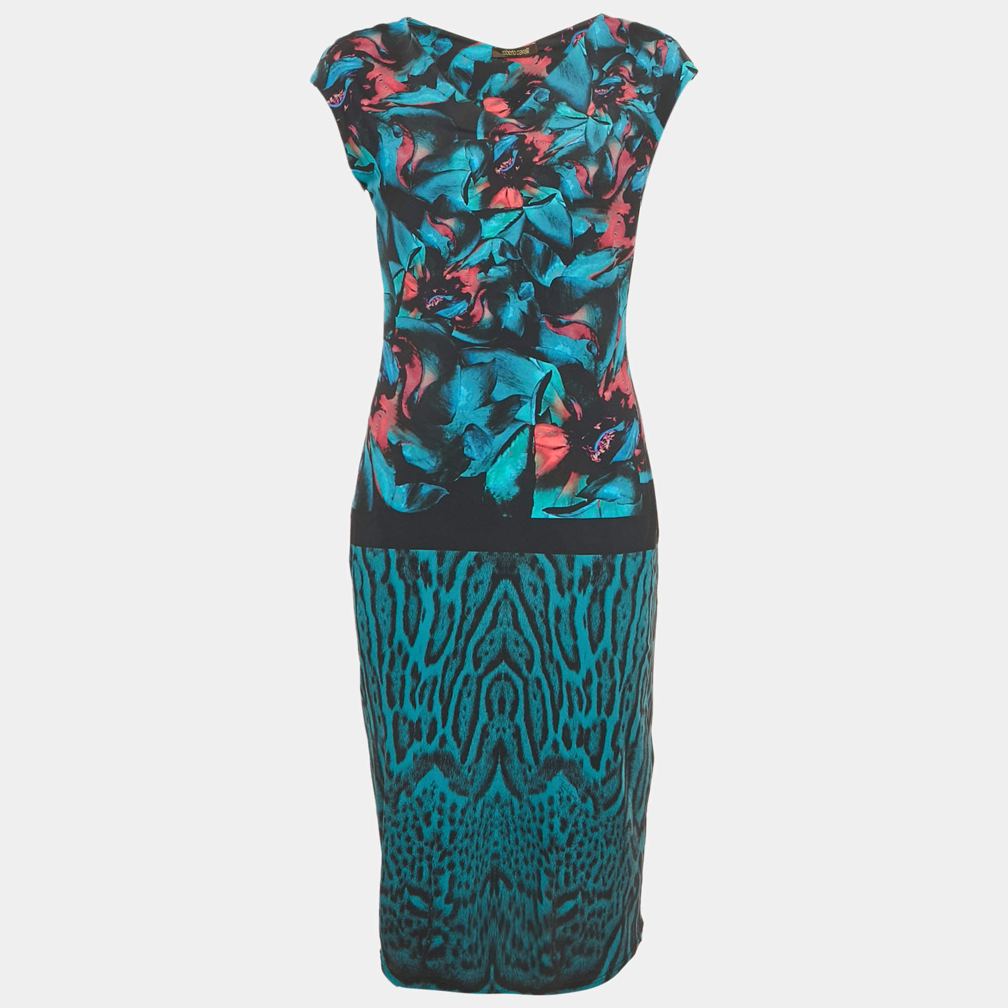 مملوكة مسبقًا Roberto Cavalli Blue Printed Jersey Midi Dress L
