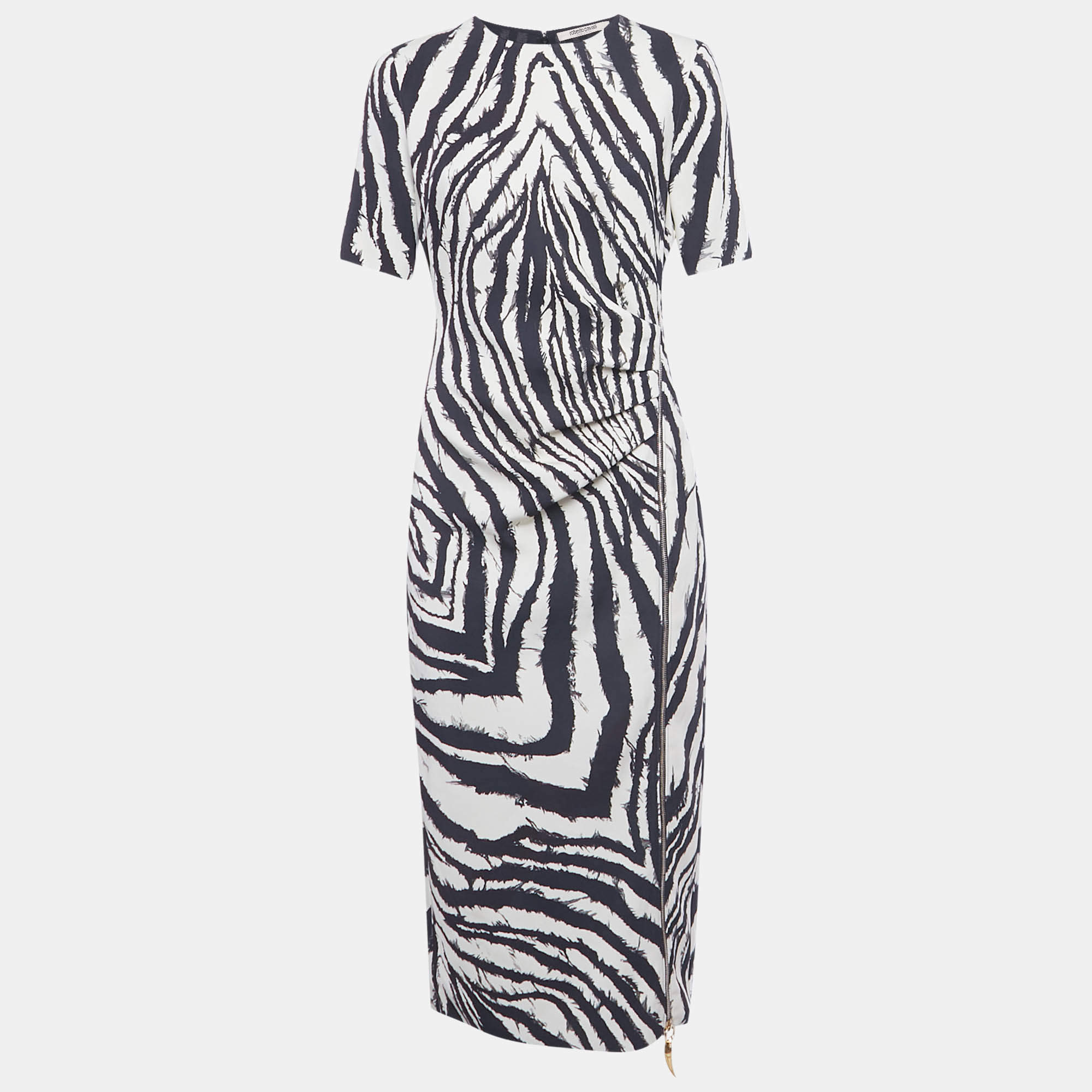 Pre Owned Roberto Cavalli White/Black Printed Crepe Midi Dress M