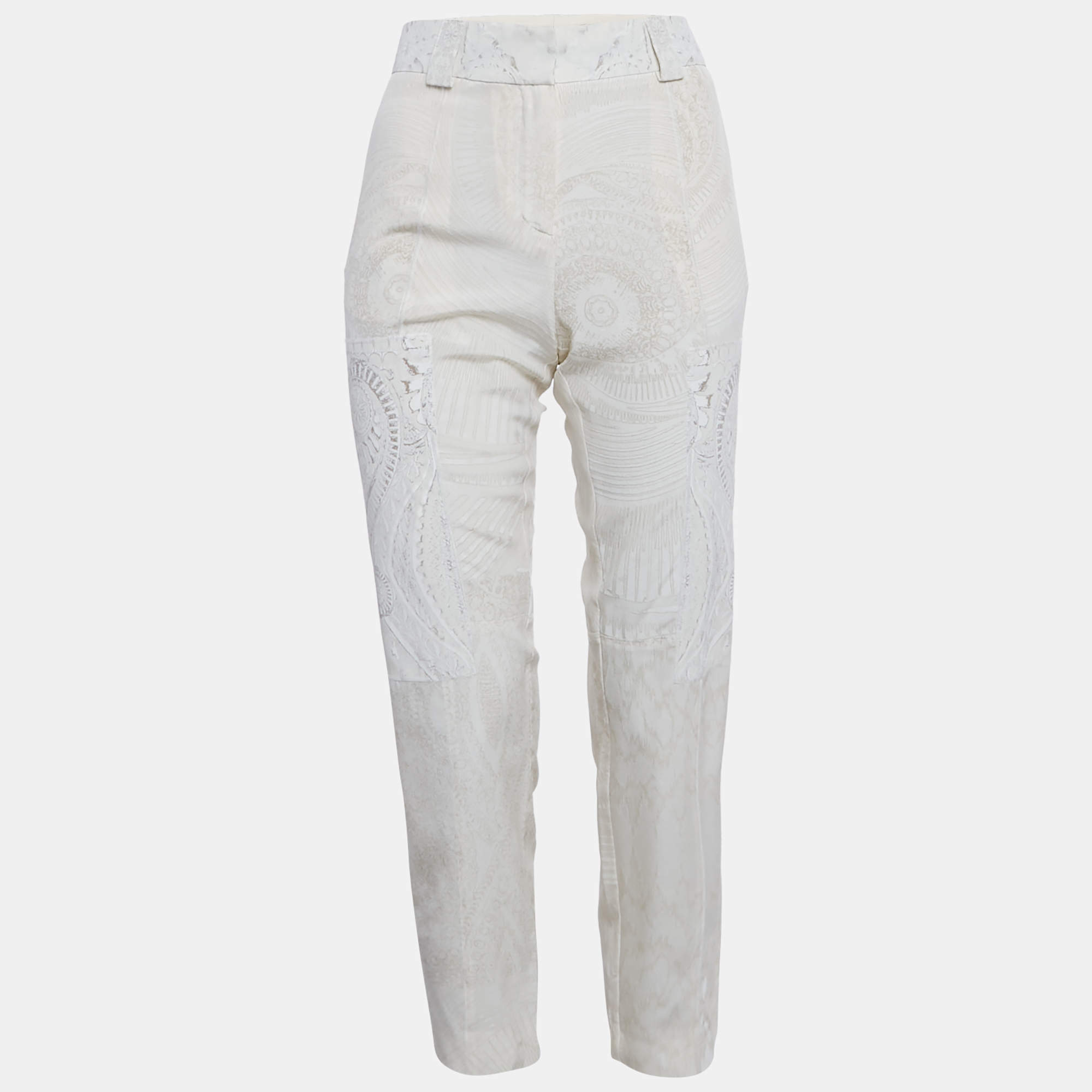 Pre Owned بنطلون روبيرتو كافالي حرير مطبوع بيج بقصة ضيقة مقاس متوسط (ميديوم)