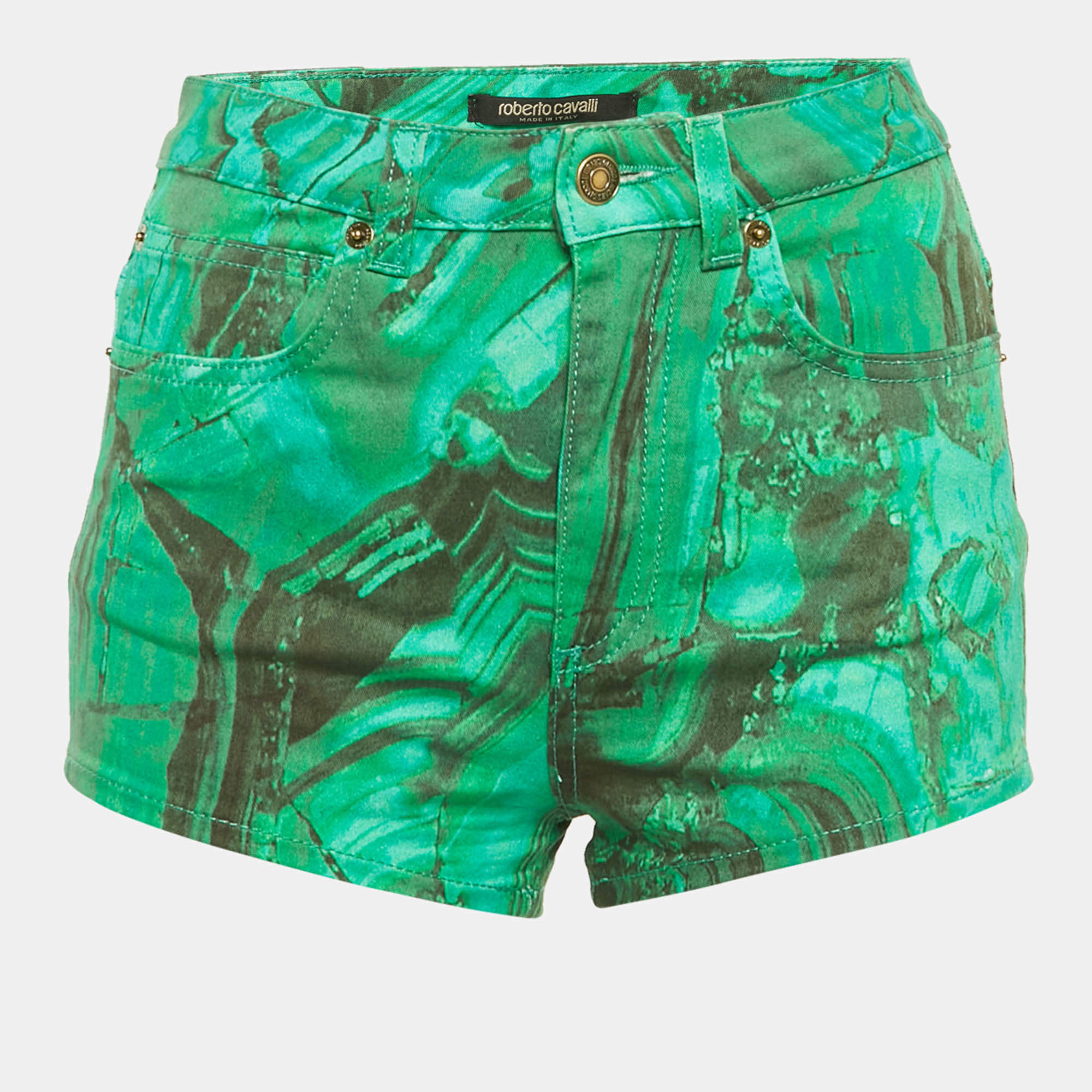 Pre Owned Roberto Cavalli Green Malachite Print Denim Shorts S