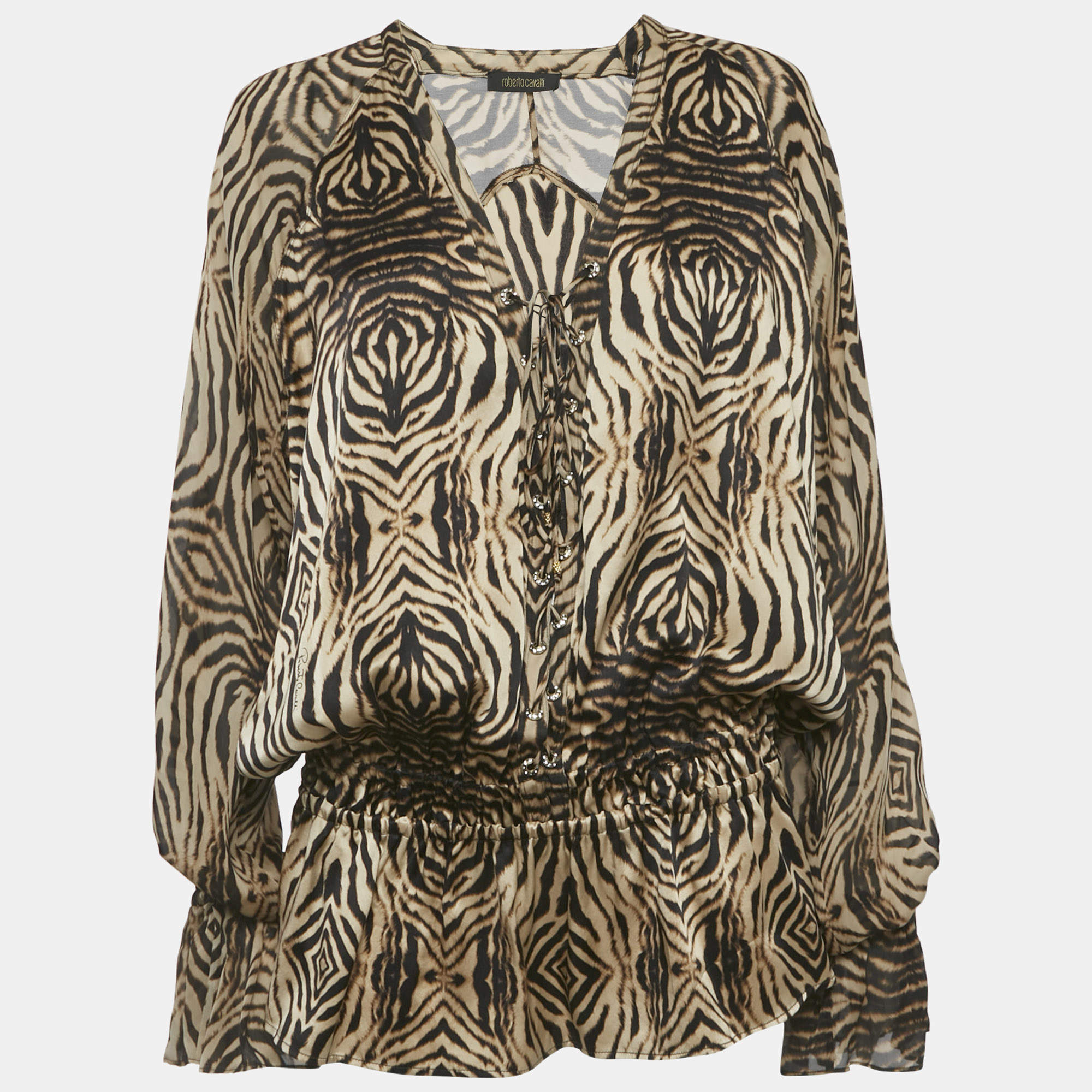 مملوكة مسبقًا توب روبيرتو كافالي حرير بني بربطة تفاصيل مطبوع بنقشة النمر كبير