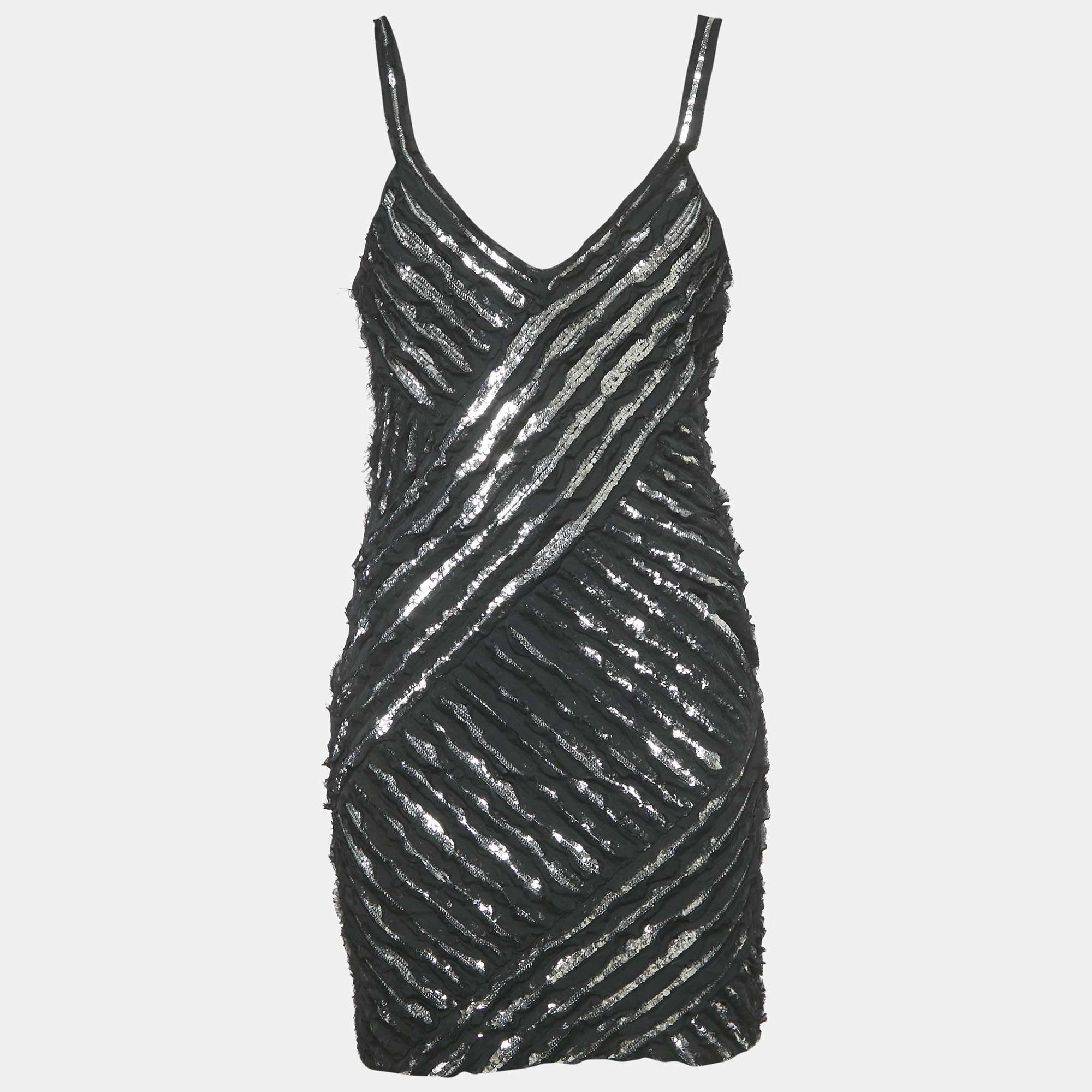 مملوكة مسبقًا Roberto Cavalli Black Silk Distressed Sequin Mini Dress M
