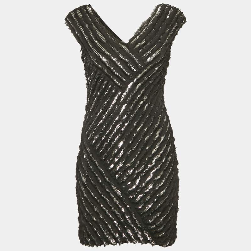 Pre Owned Roberto Cavalli Black Silk Sequin Mini Dress S