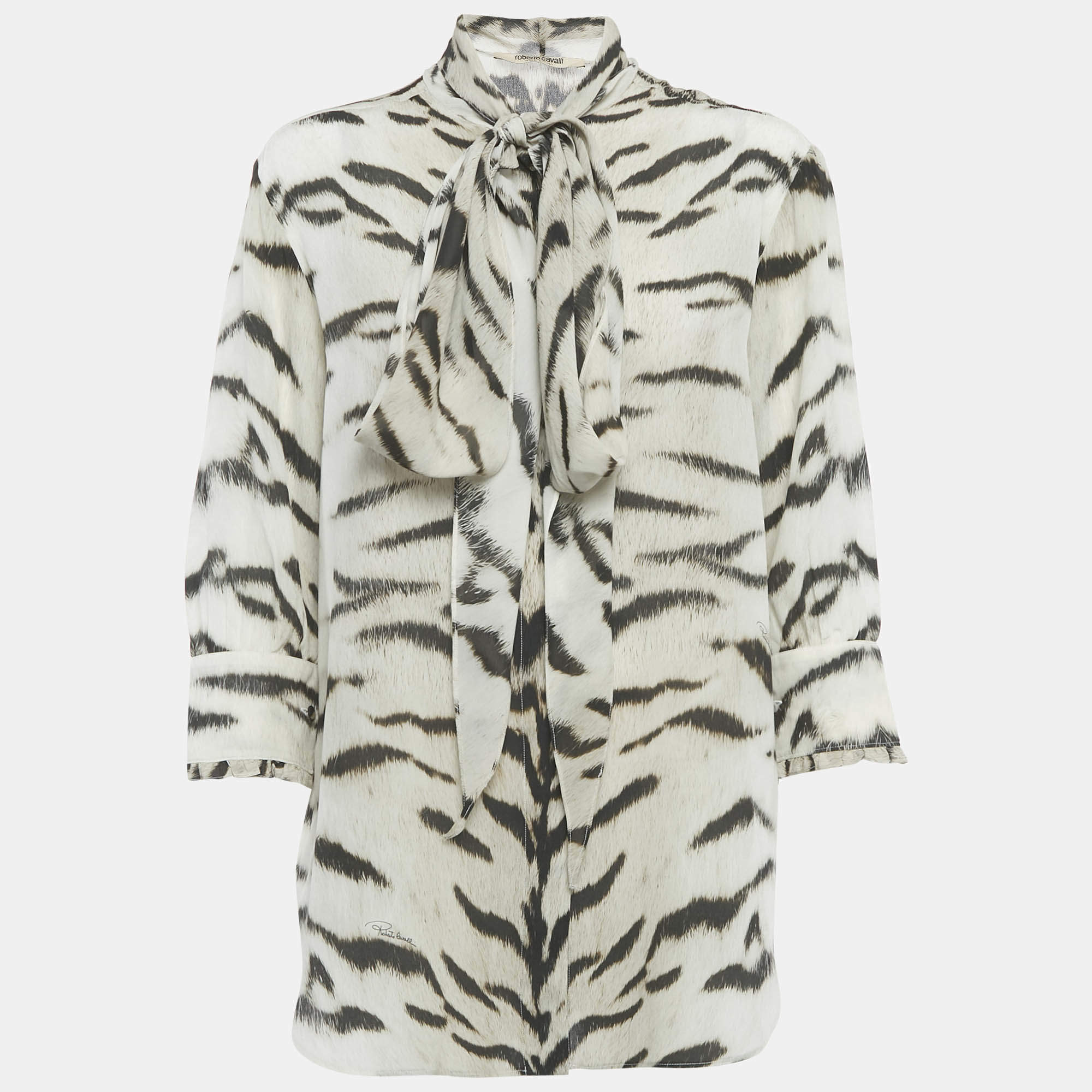 مملوكة مسبقًا Roberto Cavalli White/Black Zebra Print Silk Pussy Bow Shirt M
