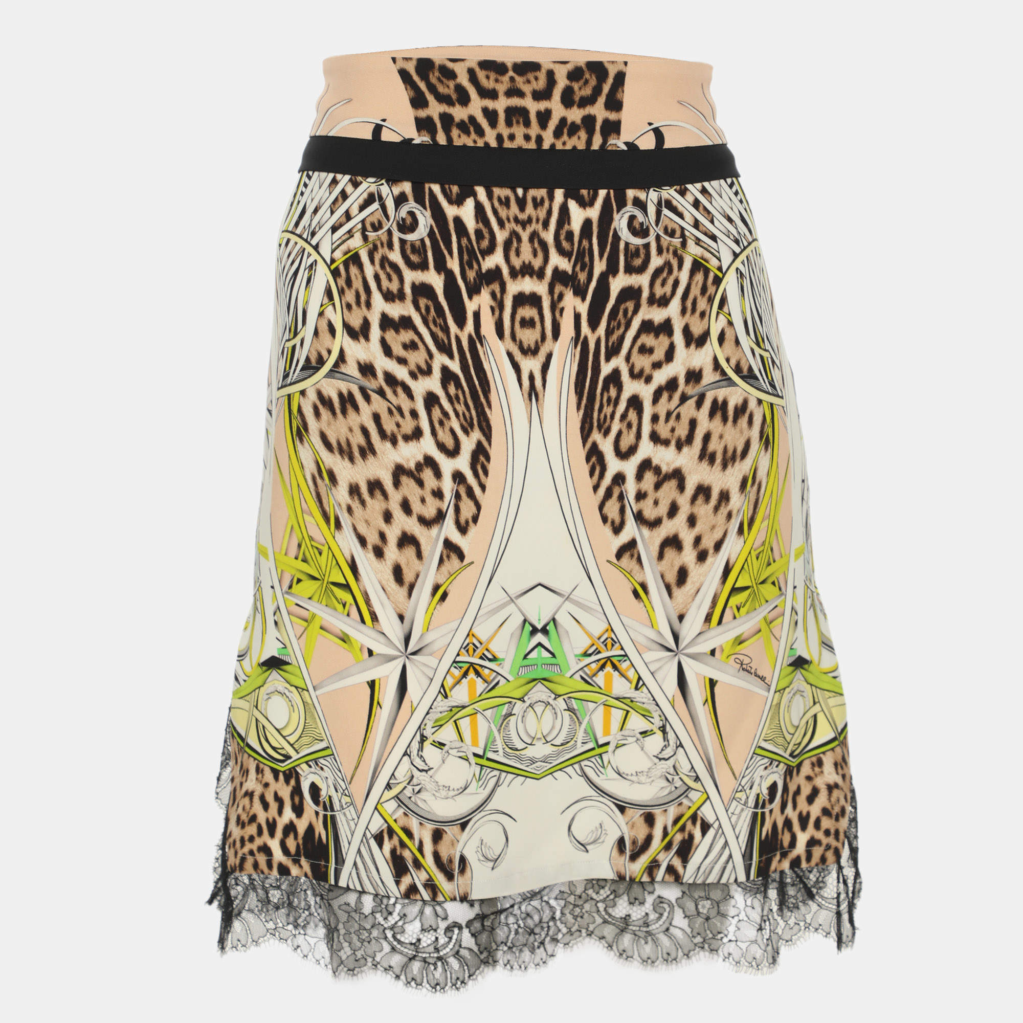 مملوكة مسبقًا تنورة روبيرتو كافالي ميني دانتيل وكريب مطاطي متعدد الألوان مقاس متوسط