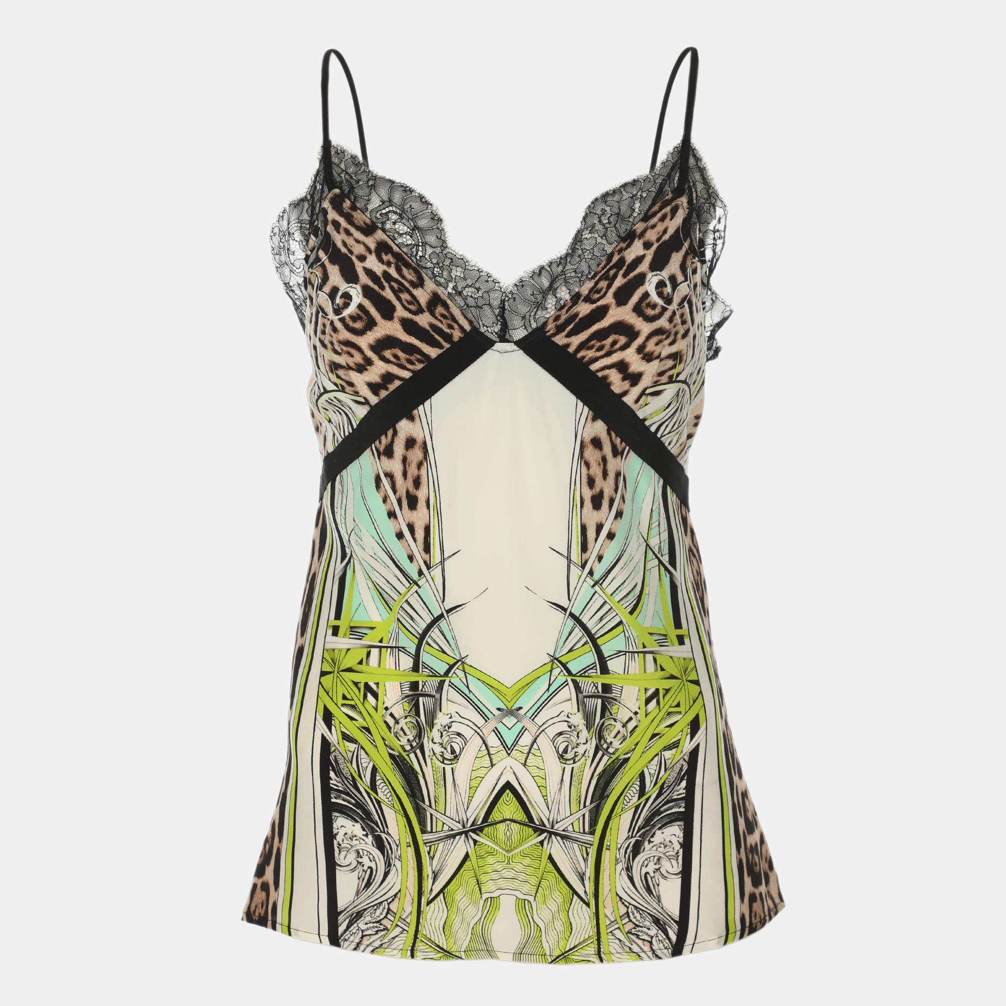 Pre Owned Roberto Cavalli Multicolor Printed Silk and Lace Camisole M