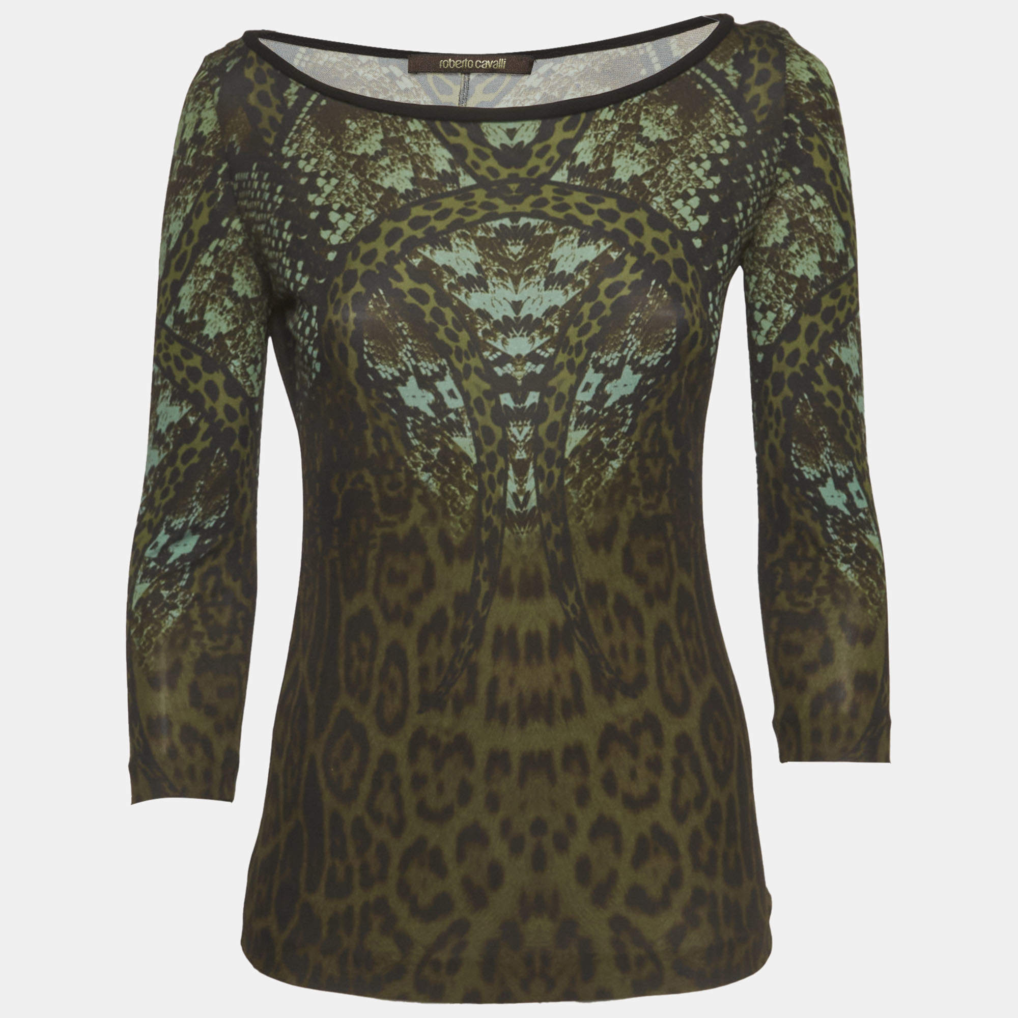 Pre Owned Roberto Cavalli Green Printed Jersey Top M