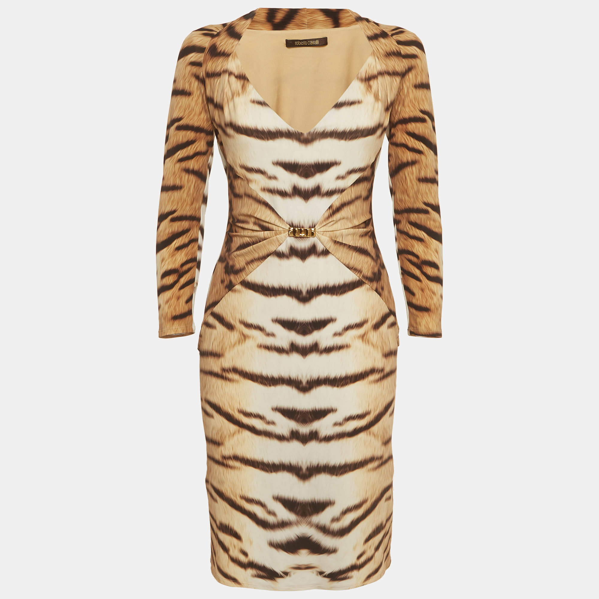 Pre Owned Roberto Cavalli Brown Tiger Print Jersey Sheath Mini Dress M