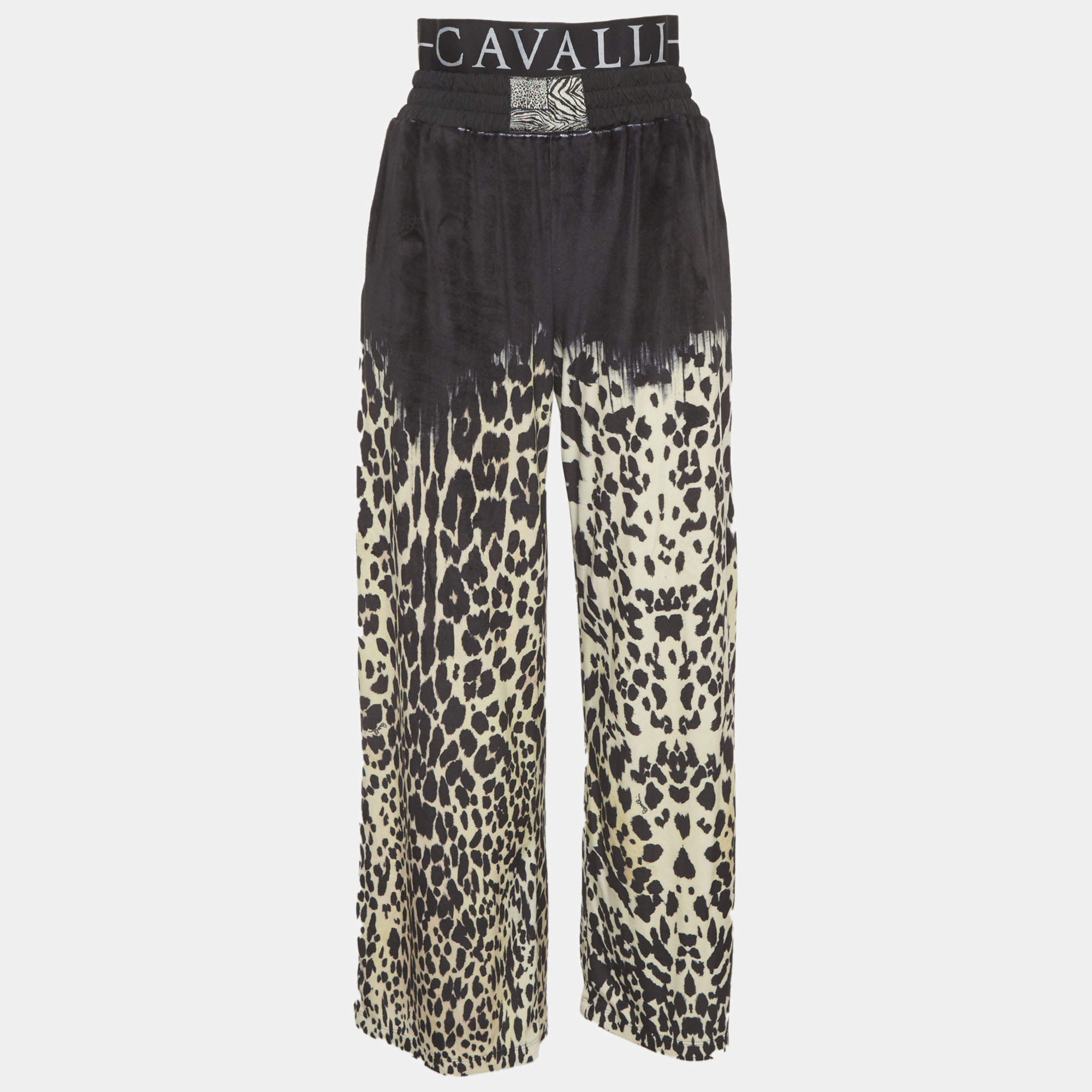 Pre Owned Roberto Cavalli Black/Beige Animal printed velvet Double Waist Pants L