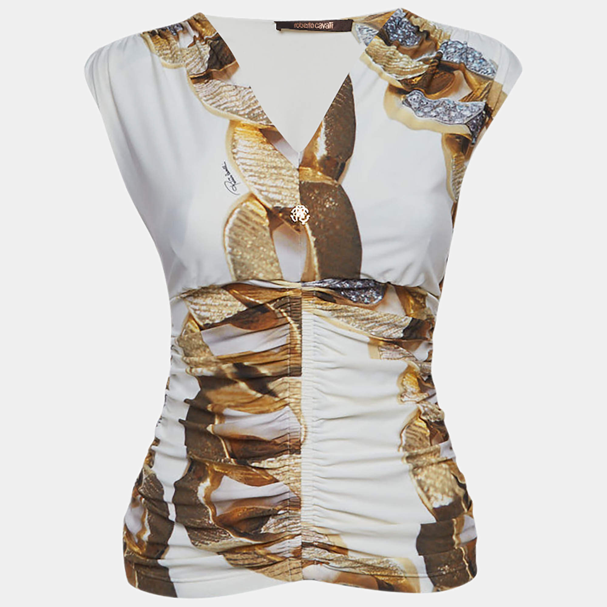 Pre Owned Roberto Cavalli White Printed Jersey Ruche Top L