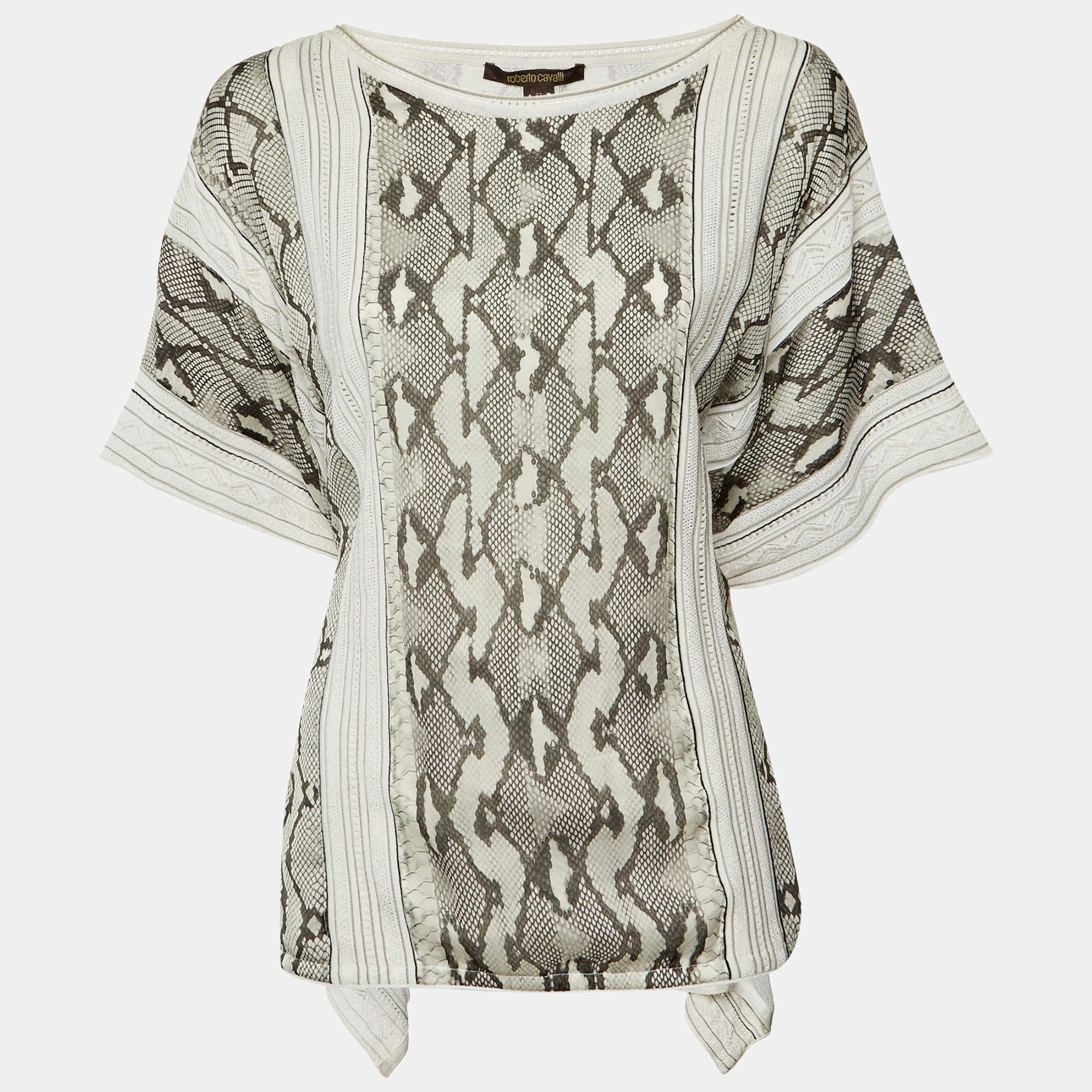 Pre Owned Roberto Cavalli Black & White Printed Silk & Knit Tie Detail Kaftan Top M