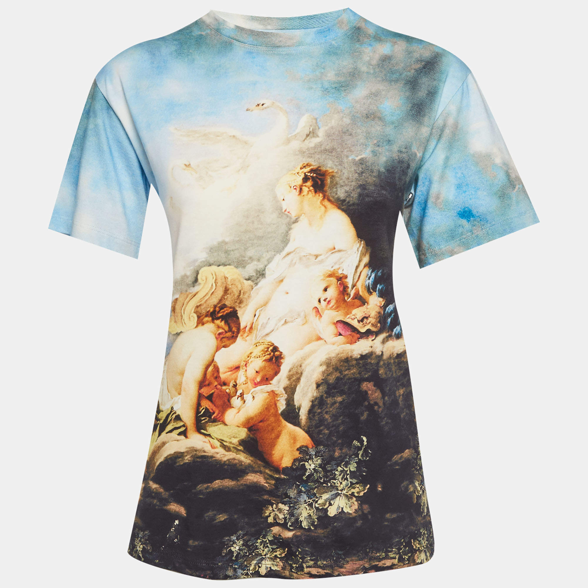 مملوكة مسبقًا تي شيرت روبرتو كافالي جيرسي مطبوع أزرق مقاس صغير