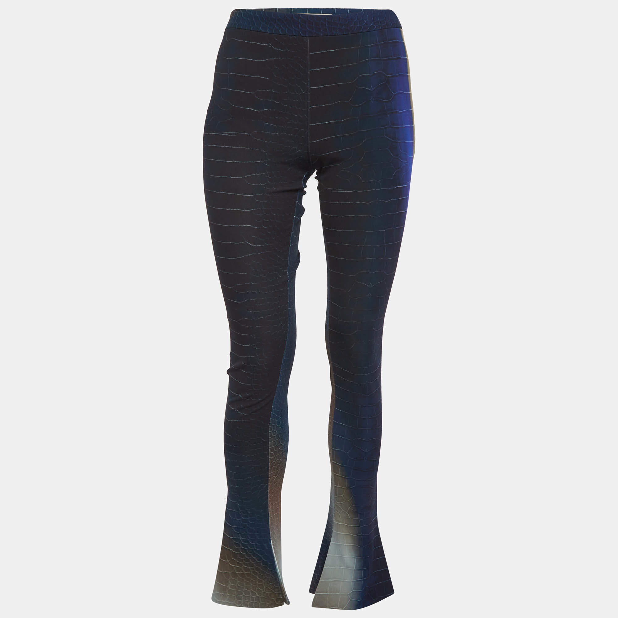 Pre Owned Roberto Cavalli Blue Printed Crepe Flared Trousers M