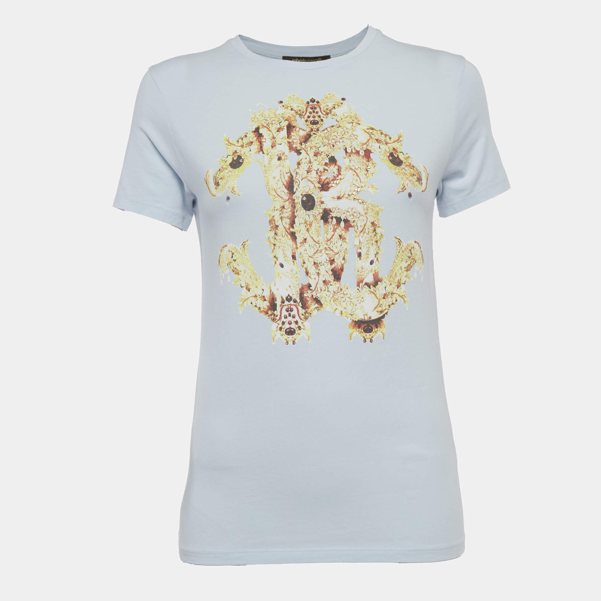 Pre Owned Roberto Cavalli Light Blue Graphic Print Jersey Crew Neck T-Shirt M