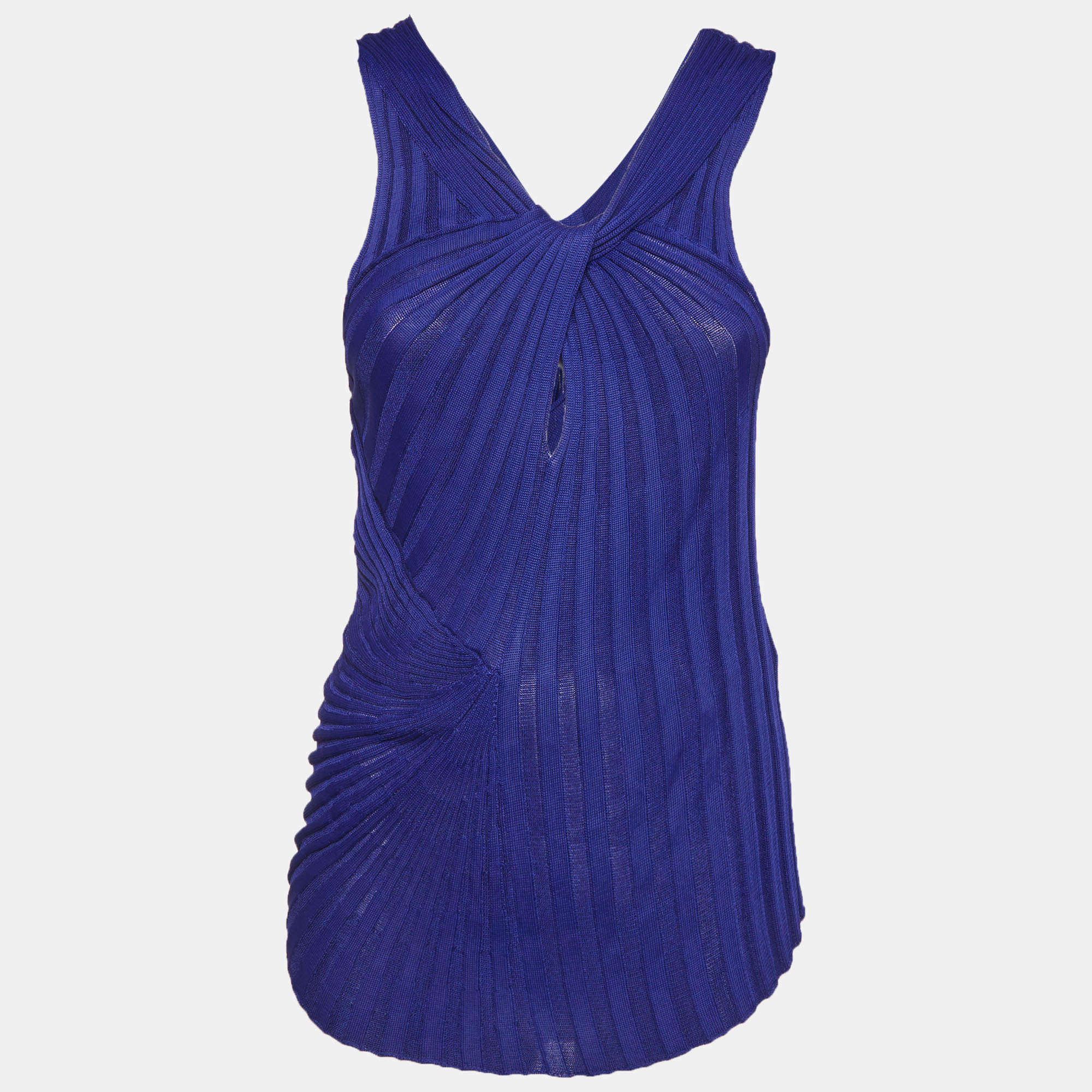 مملوكة مسبقًا Roberto Cavalli Blue Rib Knit Twist Front Top M