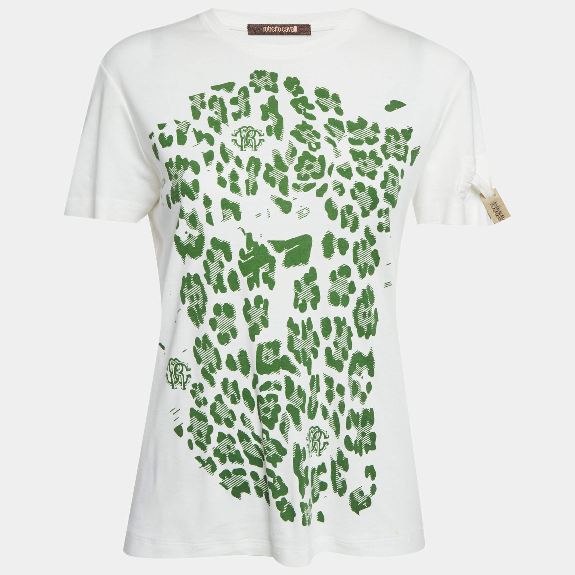 Pre Owned Roberto Cavalli White Printed Jersey T-Shirt L