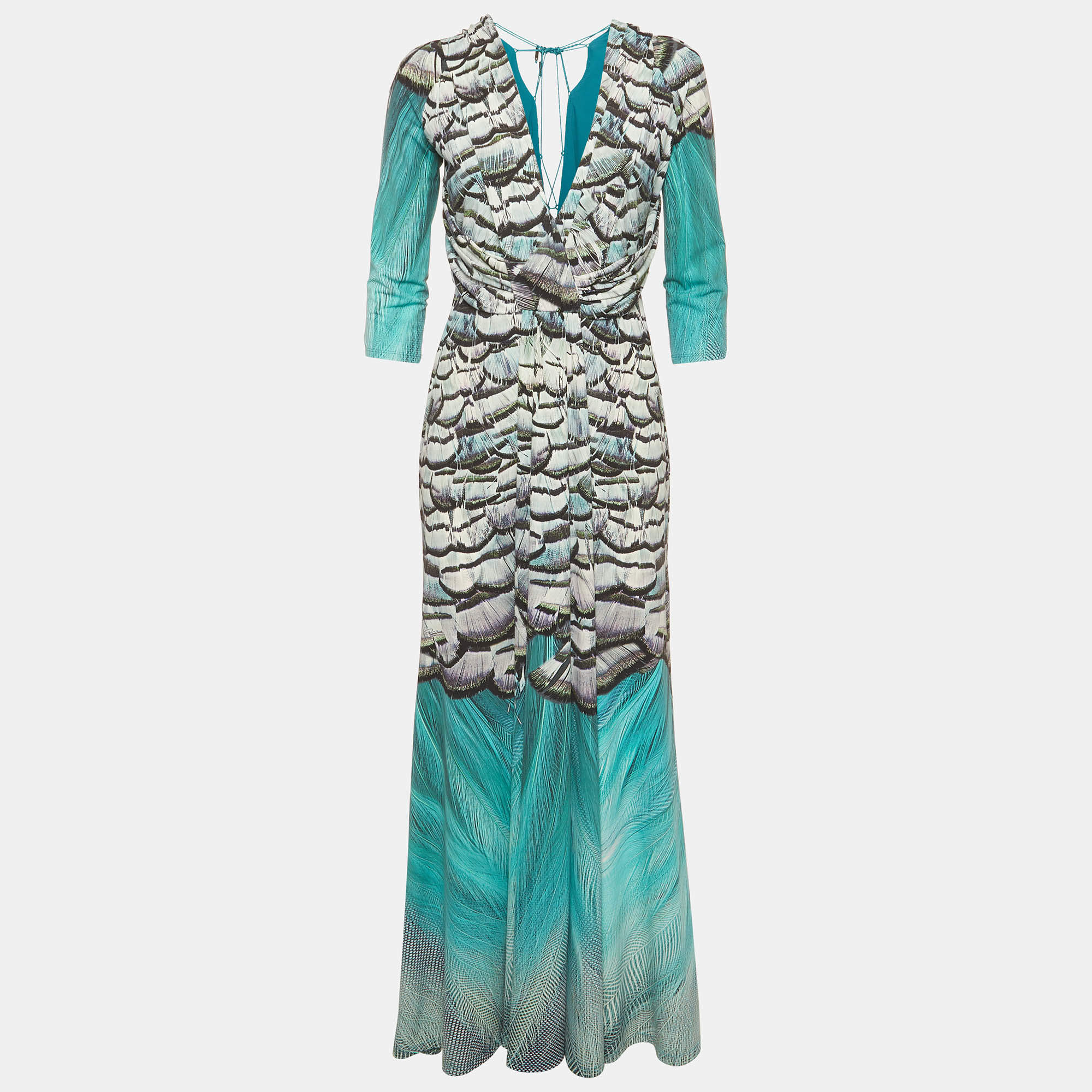 مملوكة مسبقًا Roberto Cavalli Blue Printed Jersey Maxi Dress L