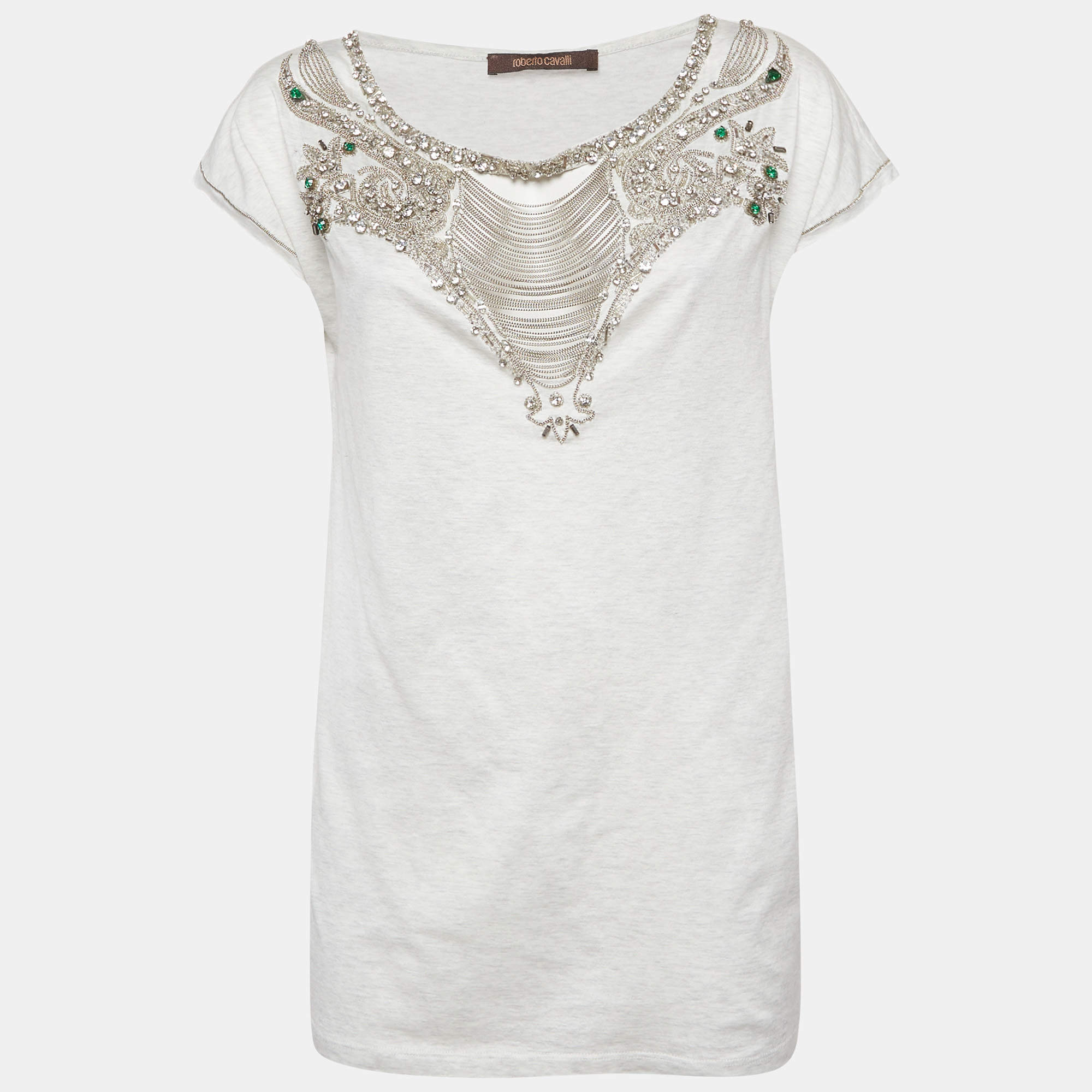 مملوكة مسبقًا Roberto Cavalli Grey Jersey Embellished T-Shirt M