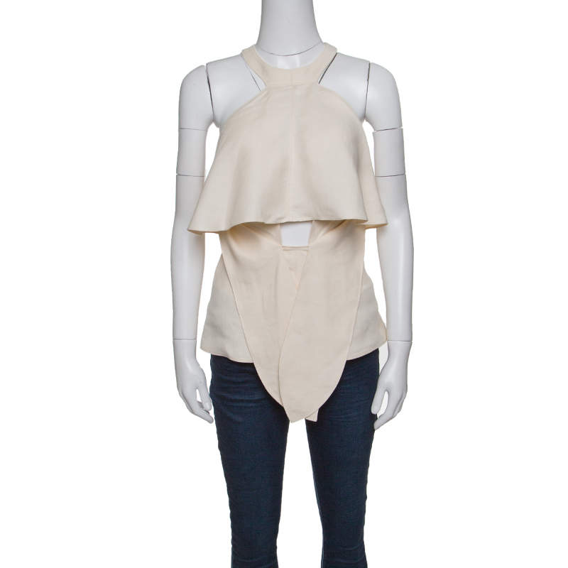 Roberto Cavalli Firenze Beige Linen Ruffled Front Tie Detail Sleeveless Top L