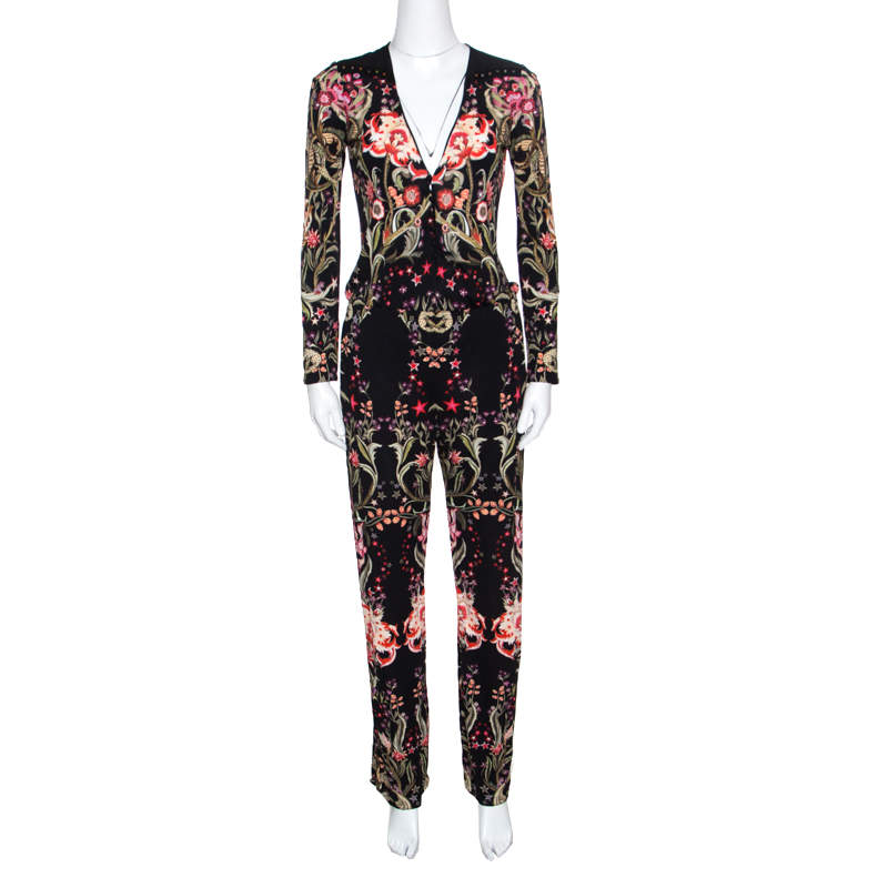 Pre Owned Roberto Cavalli Black Galaxy Garden Printed Long Sleeve Jumpsuit S