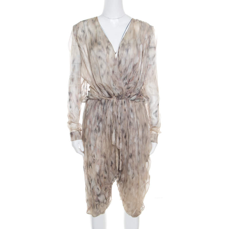 Pre Owned Roberto Cavalli Beige Printed Silk Gathered Waist Detail Cropped Harem Jumpsuit M