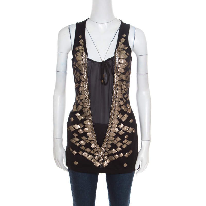 Pre Owned Roberto Cavalli Black Silk Sheer Panel Insert Embellished Sleeveless Top S