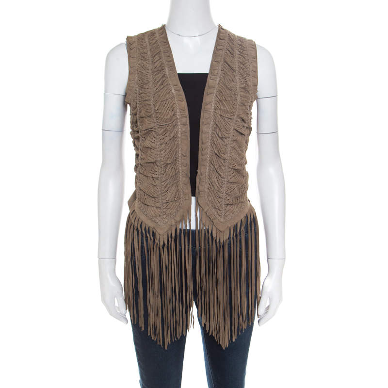 Pre Owned Roberto Cavalli Brown Suede Perforated Fringed Vest S
