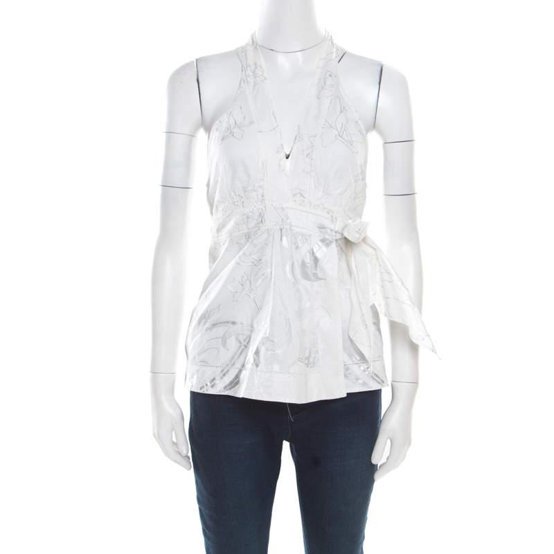 Pre Owned توب روبرتو كافالي قطن مطبوع أبيض أوف وايت بلا أكمام ملتف M