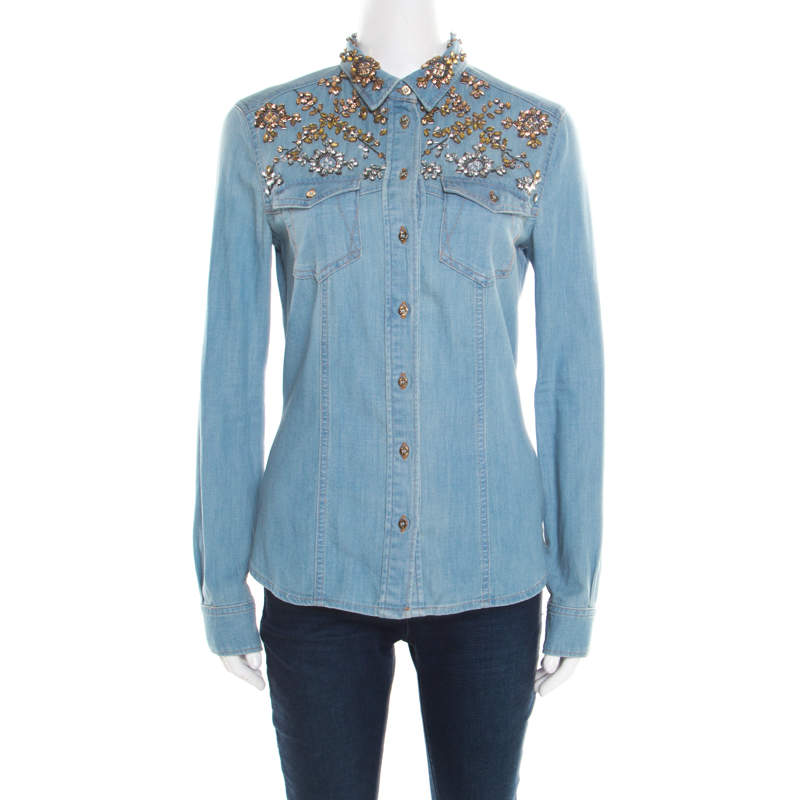 Roberto Cavalli Embellished Faded Effect Denim Long Sleeve Shirt M
