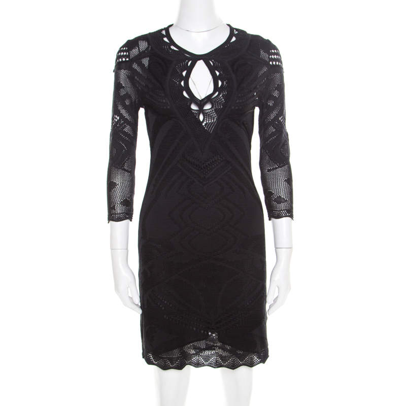 Roberto Cavalli Black Perforated Knit Long Sleeve Bodycon Dress S