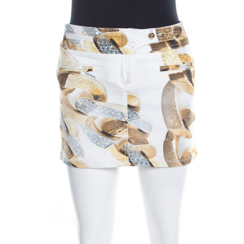 Pre Owned Roberto Cavalli White Denim Gold Chain Print Mini Skirt S