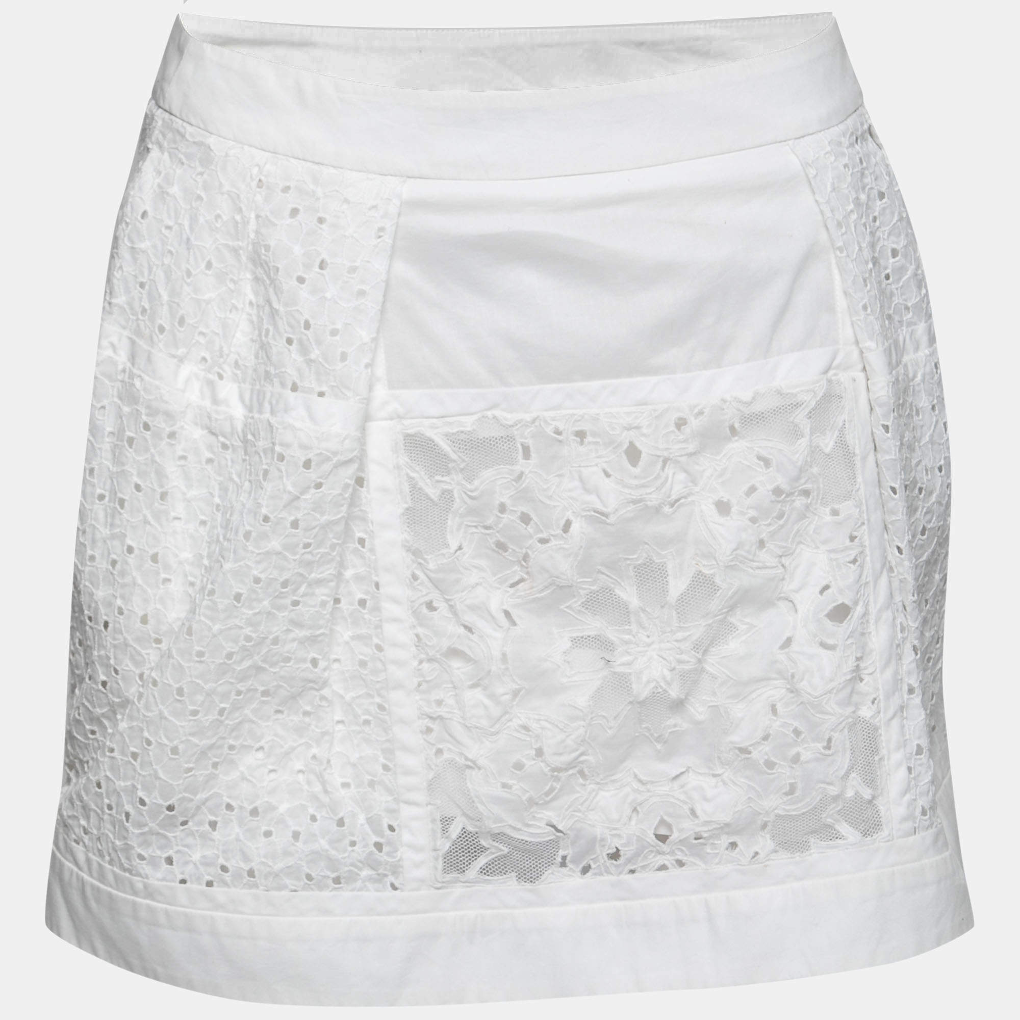 Pre Owned Roberto Cavalli White Broderie Anglaise Cotton Lace Paneled Mini Skirt S