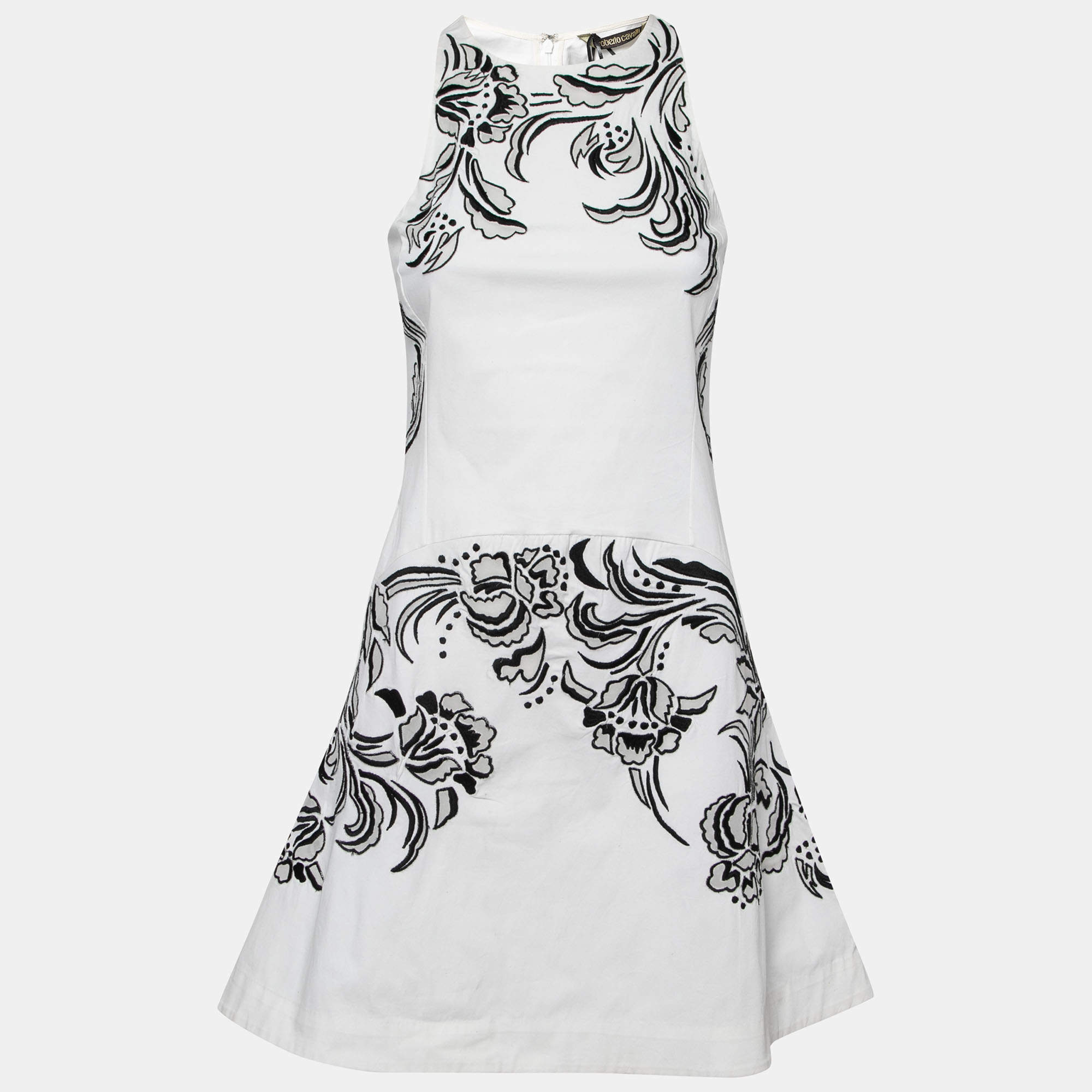 Pre Owned Roberto Cavalli White Cotton Poplin Contrast Embroidered Sleeveless Dress S