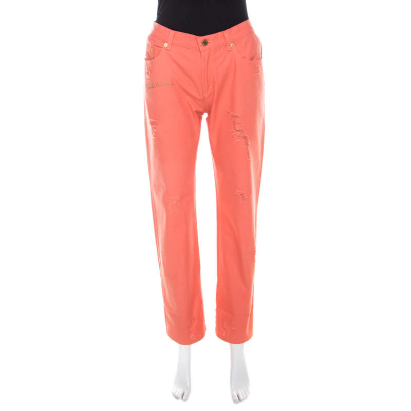 Roberto Cavalli Coral Pink Cotton Denim Logo Print Distressed Jeans L