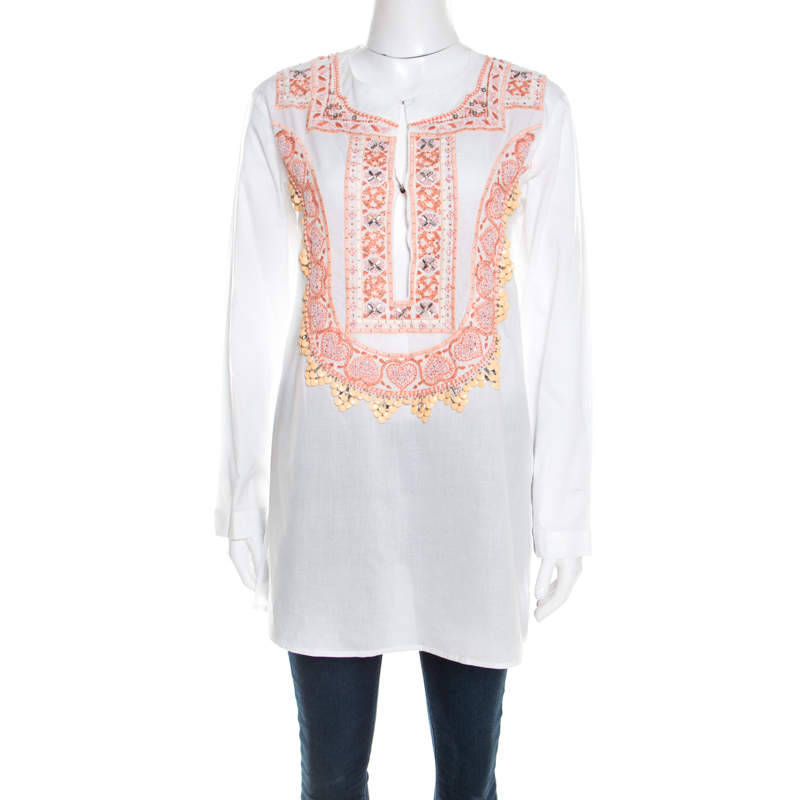 Pre Owned Roberto Cavalli White Cotton Beaded Embroidered Detail Long Sleeve Blouse S 