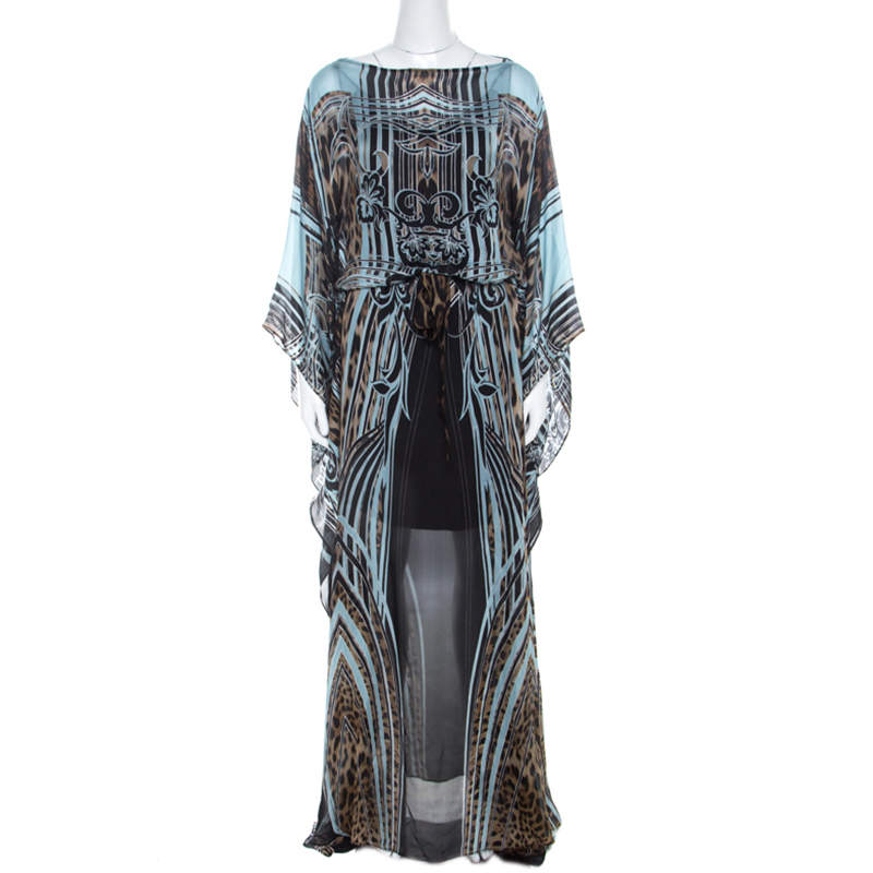 Pre Owned Roberto Cavalli Multicolor Leopard Print Silk Maxi Kaftan Dress S