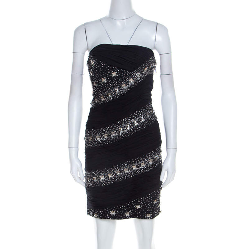 Pre Owned Roberto Cavalli Black Embellished Silk Ruched Strapless Dress S
