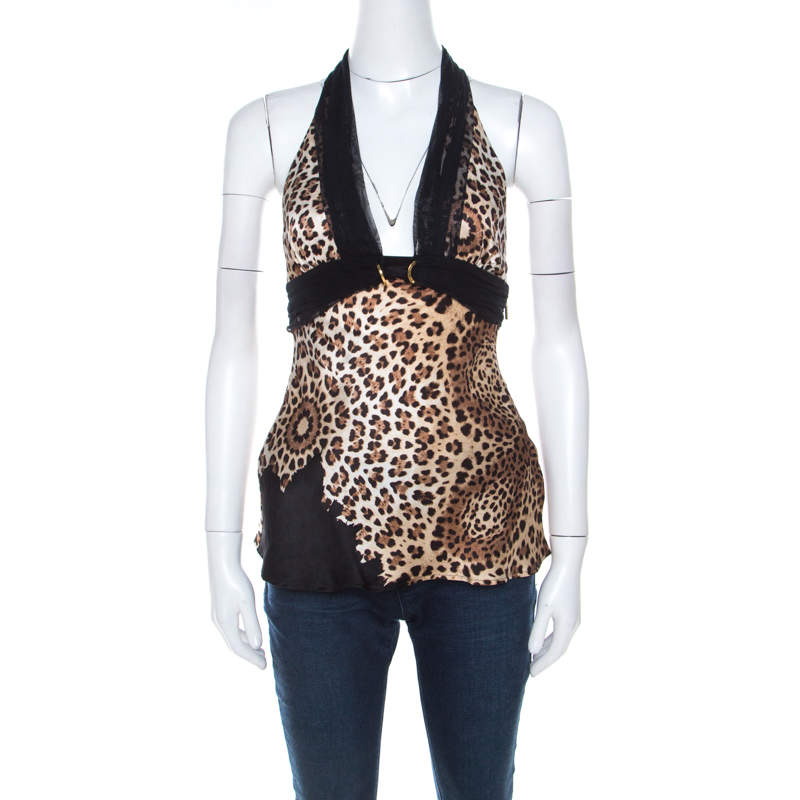 Pre Owned Roberto Cavalli Brown Cheetah Print Silk Tulle Trim Halter Top S