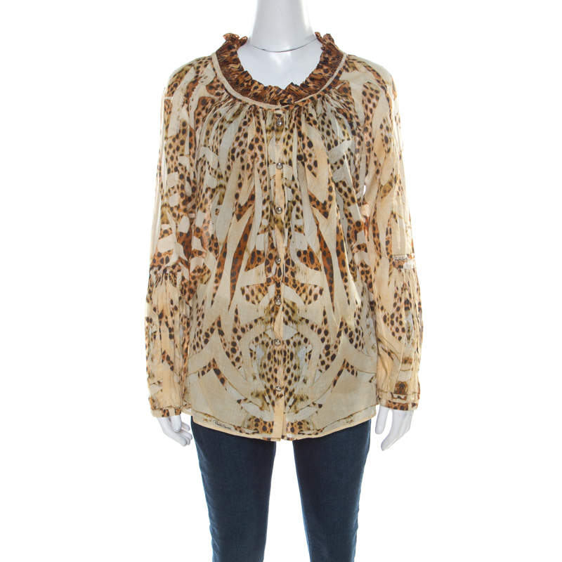 مملوكة مسبقًا Roberto Cavalli Beige Leopard Printed Cotton Ruched Neckline Poet Blouse M 