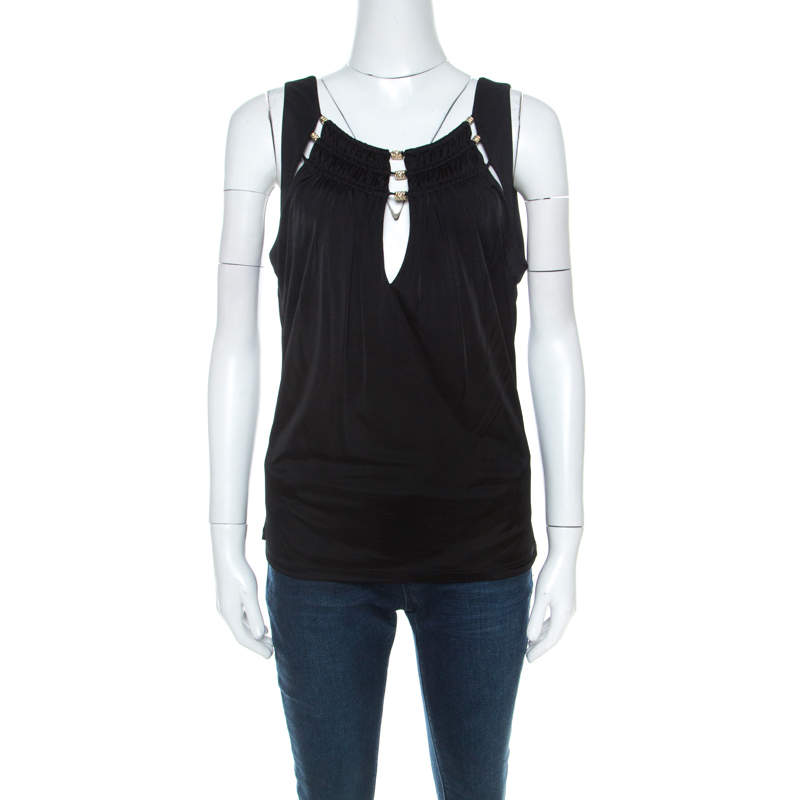 Pre Owned توب روبرتو كافالي جيرسيه أسود سيربينت ذهبي مزخرف M 