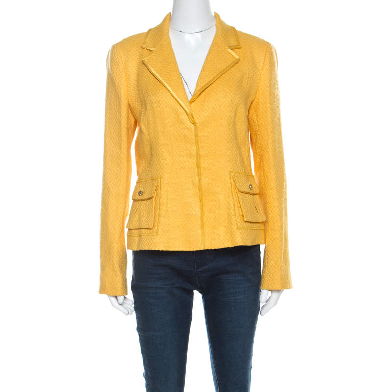 Pre Owned Roberto Cavalli Yellow Textured Linen Blend Button Front Blazer M