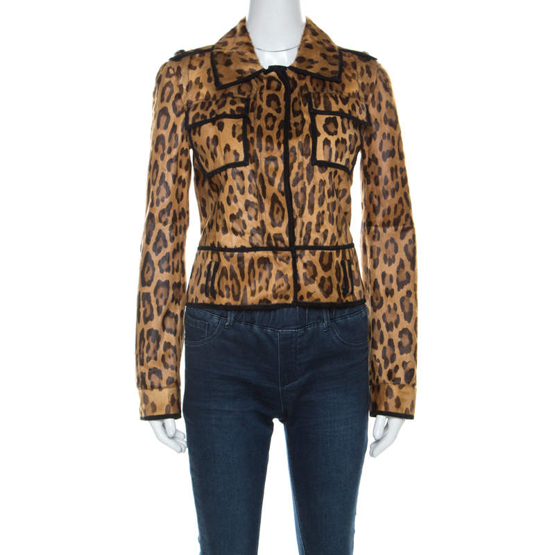 Roberto Cavalli Brown Leopard Pattern Goatskin Fur and Suede Jacket S 