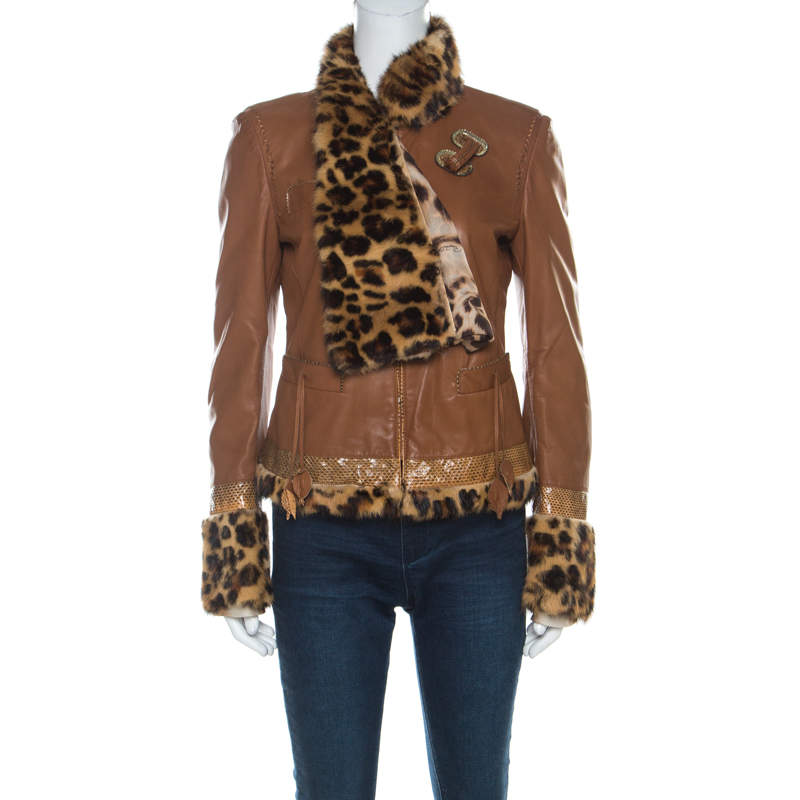 Pre Owned Roberto Cavalli Brown Leather Fur Lined Jacket M 